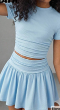 Tween Girl Summer Cute Casual Gray Skirt Set: Short Sleeve Crop Top And Pleated Mini Skirt,Summer