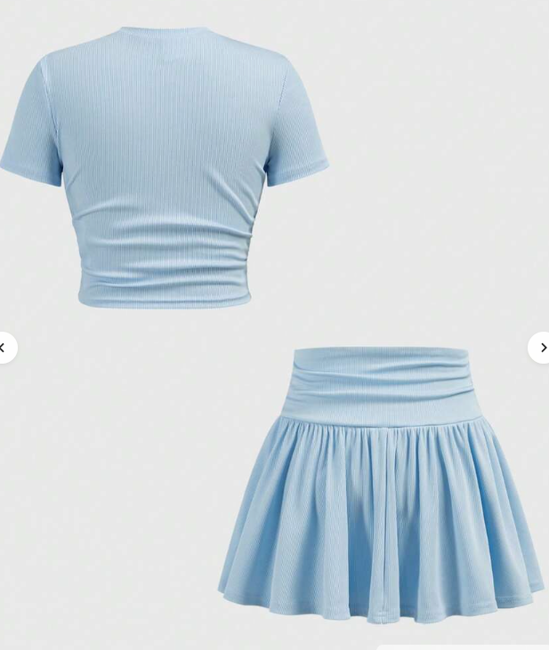 Tween Girl Summer Cute Casual Gray Skirt Set: Short Sleeve Crop Top And Pleated Mini Skirt,Summer