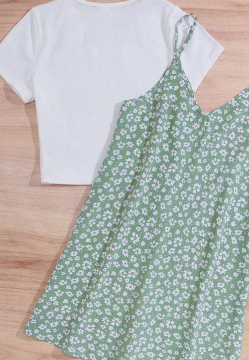 Green Ditsy Floral Loose Cami Dress & T-Shirt Casual Holiday Outfits