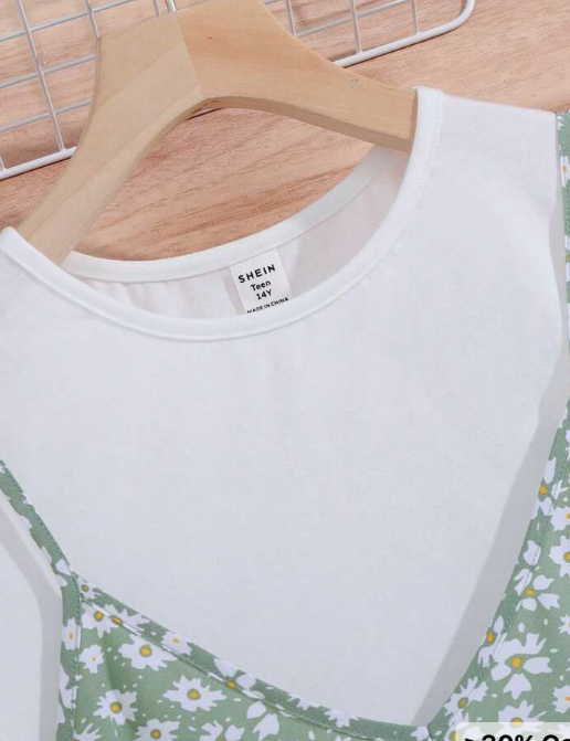 Green Ditsy Floral Loose Cami Dress & T-Shirt Casual Holiday Outfits
